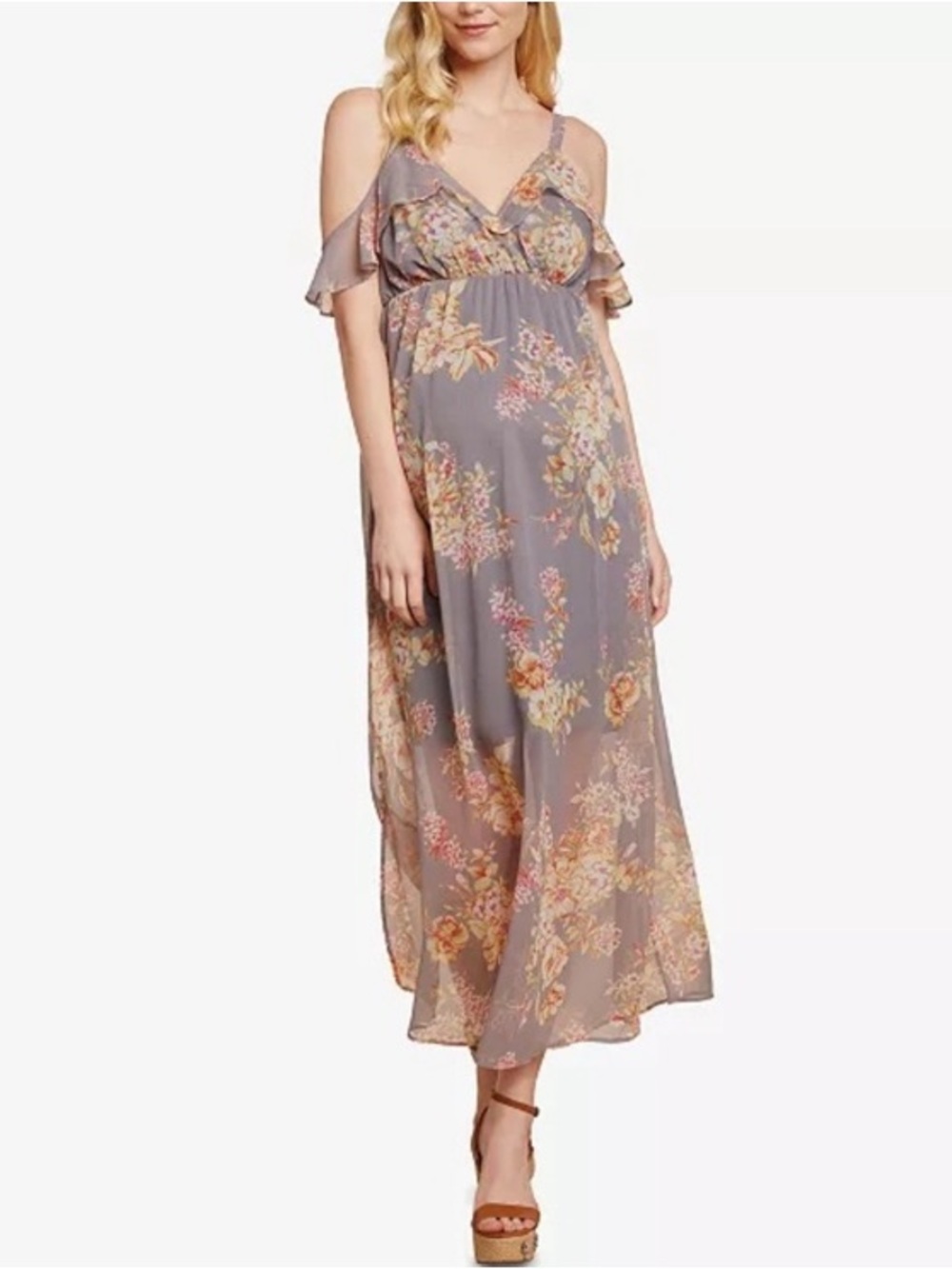 NWT Jessica Simpson Gray Floral Maternity Cold-Shoulder Maxi Dress, Size Medium